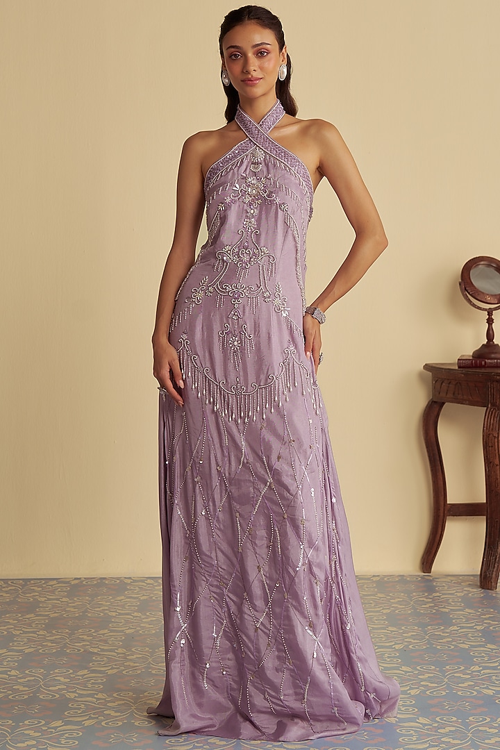 Lavender Organza Aari Embroidered Gown by Jade By Ashima at Pernia's Pop Up Shop