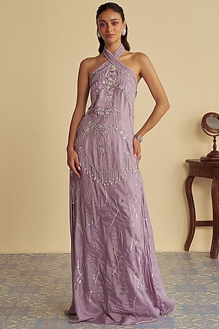 Lavender Organza Aari Embroidered Gown by Jade By Ashima