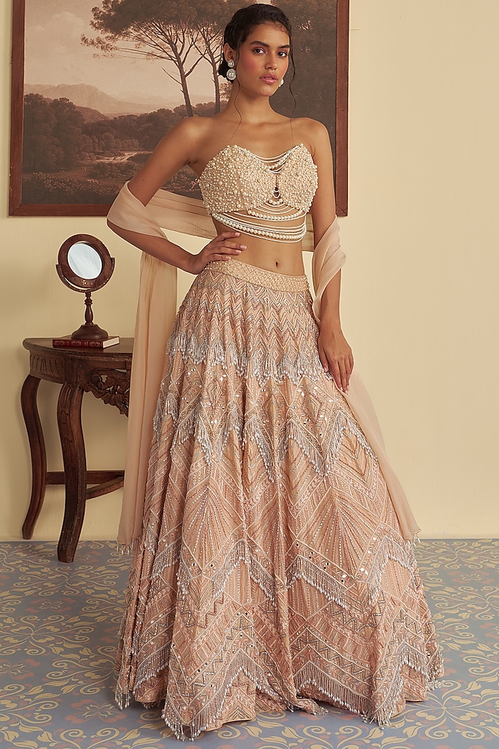 Beige Organza Aari Embroidered Wedding Lehenga Set by Jade By Ashima at Pernia's Pop Up Shop