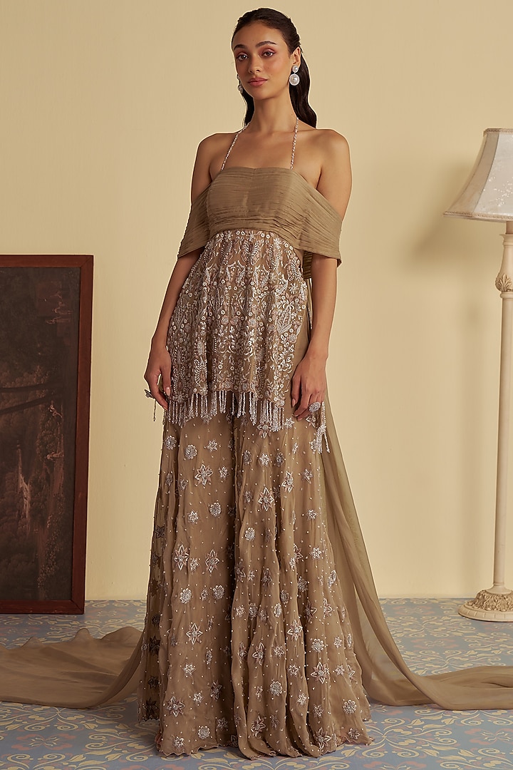 Pastel Brown Organza Embroidered Sharara Set by Jade By Ashima at Pernia's Pop Up Shop