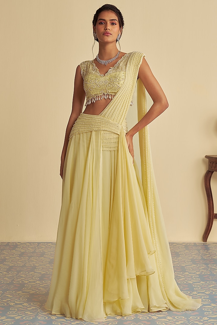 Pastel Yellow Organza Draped Saree Set by Jade By Ashima at Pernia's Pop Up Shop