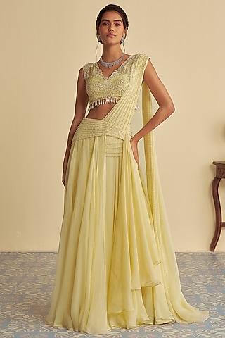 Pastel Yellow Organza Draped Saree Set by Jade By Ashima