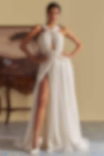 Ivory Organza Pearl Embellished Gown by Jade By Ashima at Pernia's Pop Up Shop