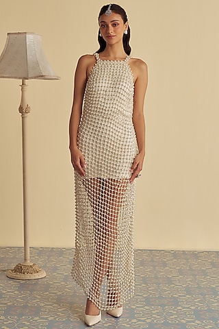 White Satin & Shantoon Pearl Embellished Indo-Western Dress by Jade By Ashima