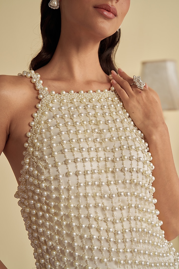 White Satin Shantoon Pearl Embellished Indo-Western Dress by