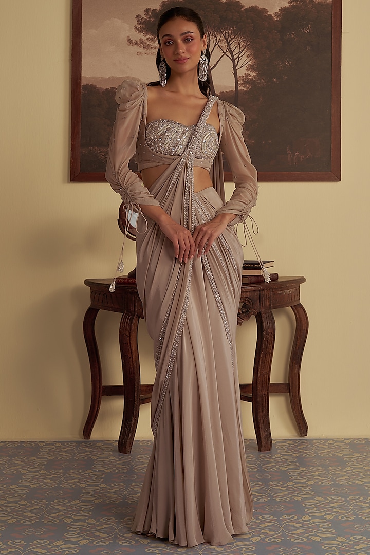 Beige Crepe Silk Embellished Draped Saree Set by Jade By Ashima at Pernia's Pop Up Shop