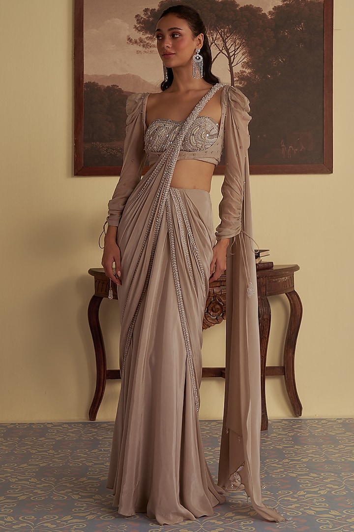 Beige Crepe Silk Embellished Draped Wedding Saree Set by Jade By Ashima at Pernia's Pop Up Shop