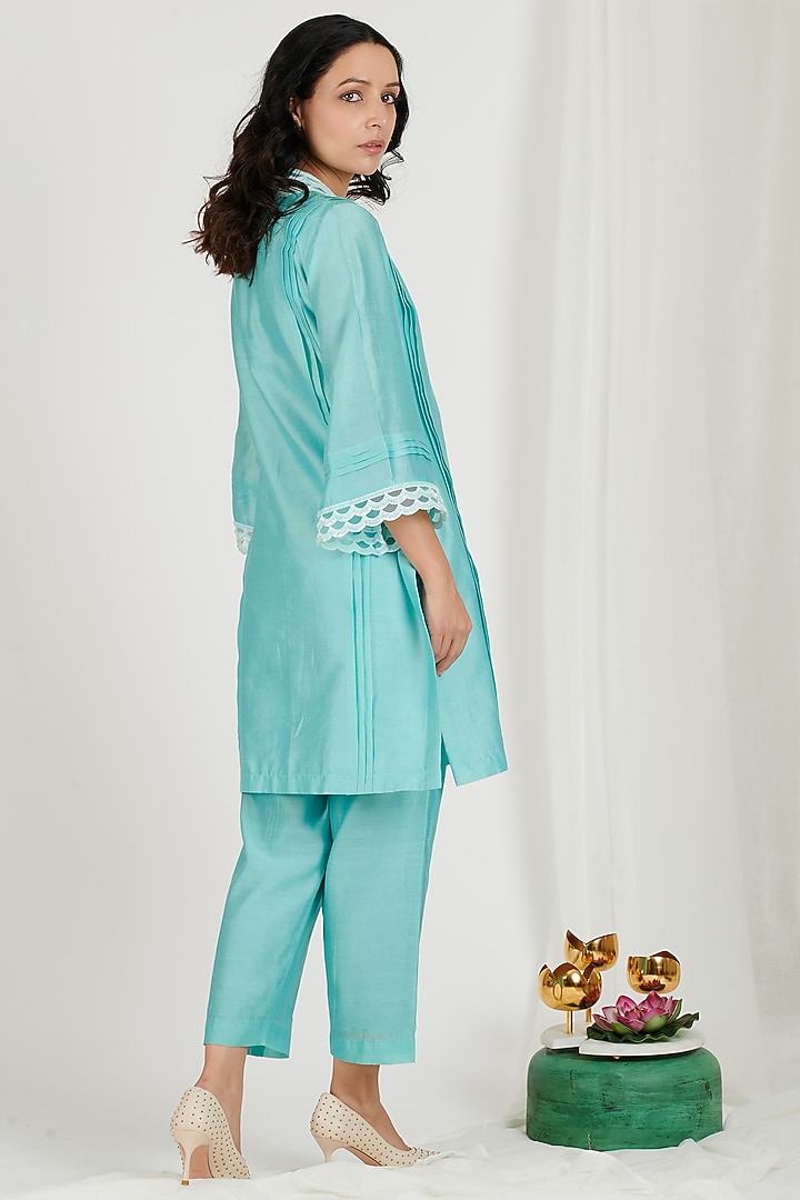 Aqua Chanderi Kurta Set by Jdang at Pernia's Pop Up Shop