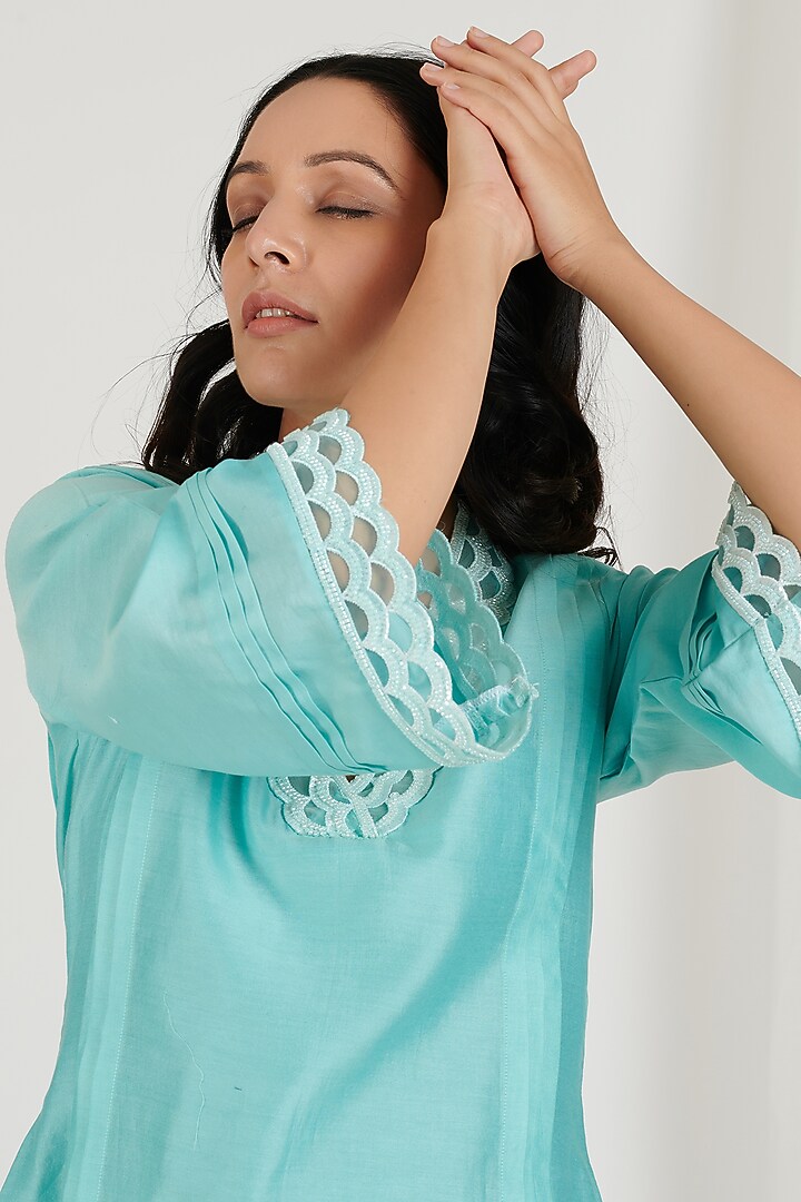 Aqua Chanderi Kurta Set by Jdang at Pernia's Pop Up Shop