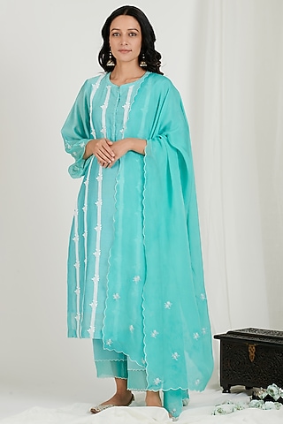 Aqua Blue Embroidered Kurta Set by Jdang