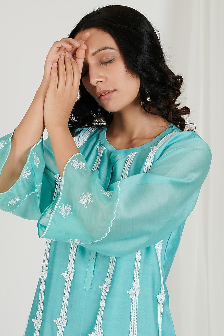 Aqua Blue Embroidered Kurta Set by Jdang at Pernia's Pop Up Shop