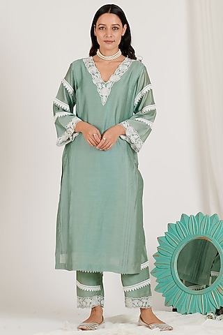 Marine Green Embroidered Kurta Set by Jdang