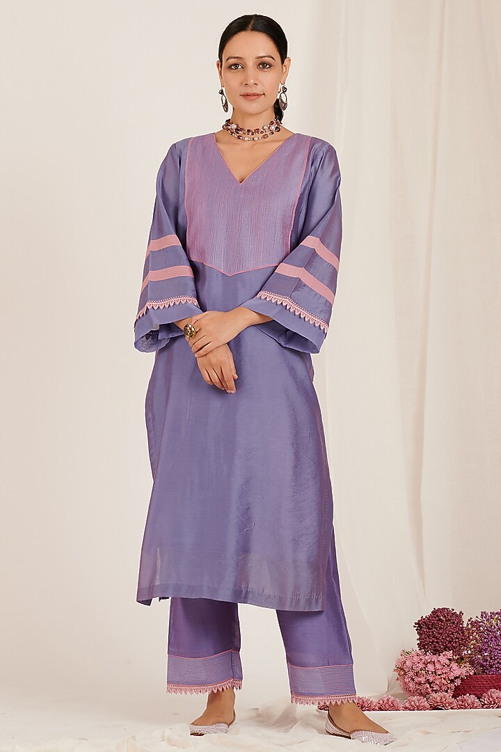 Lavender & Pink Chanderi Kurta Set by Jdang at Pernia's Pop Up Shop