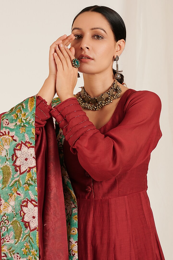Maroon Embroidered Anarkali Set by Jdang at Pernia's Pop Up Shop