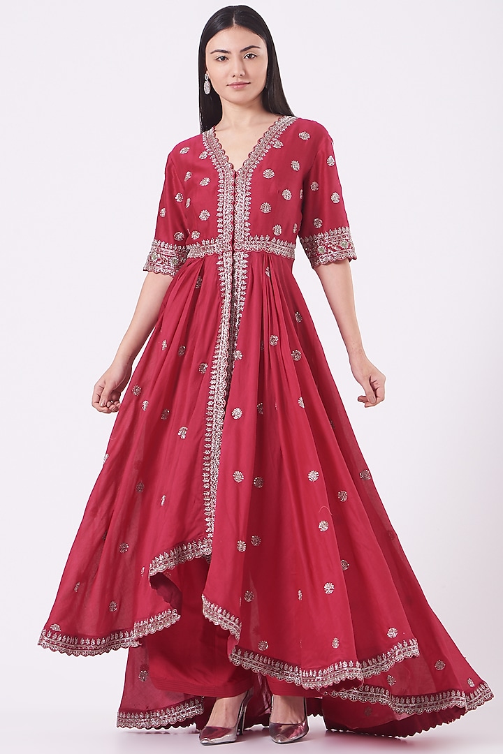 Cranberry Red Embroidered Anarkali Set by Jayanti Reddy at Pernia's Pop Up Shop