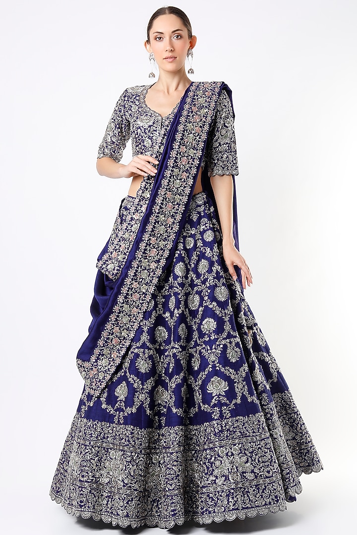 Dark Purple Raw Silk Embroidered Bridal Lehenga Set by Jayanti Reddy at Pernia's Pop Up Shop