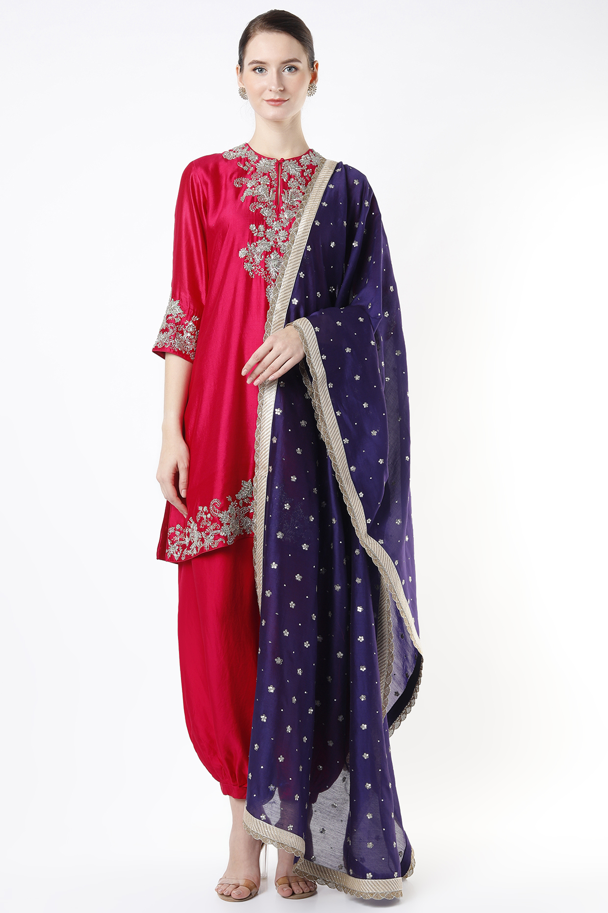 Fuchsia Silk Embroidered Tunic Set by Jayanti Reddy at Pernia's Pop Up Shop