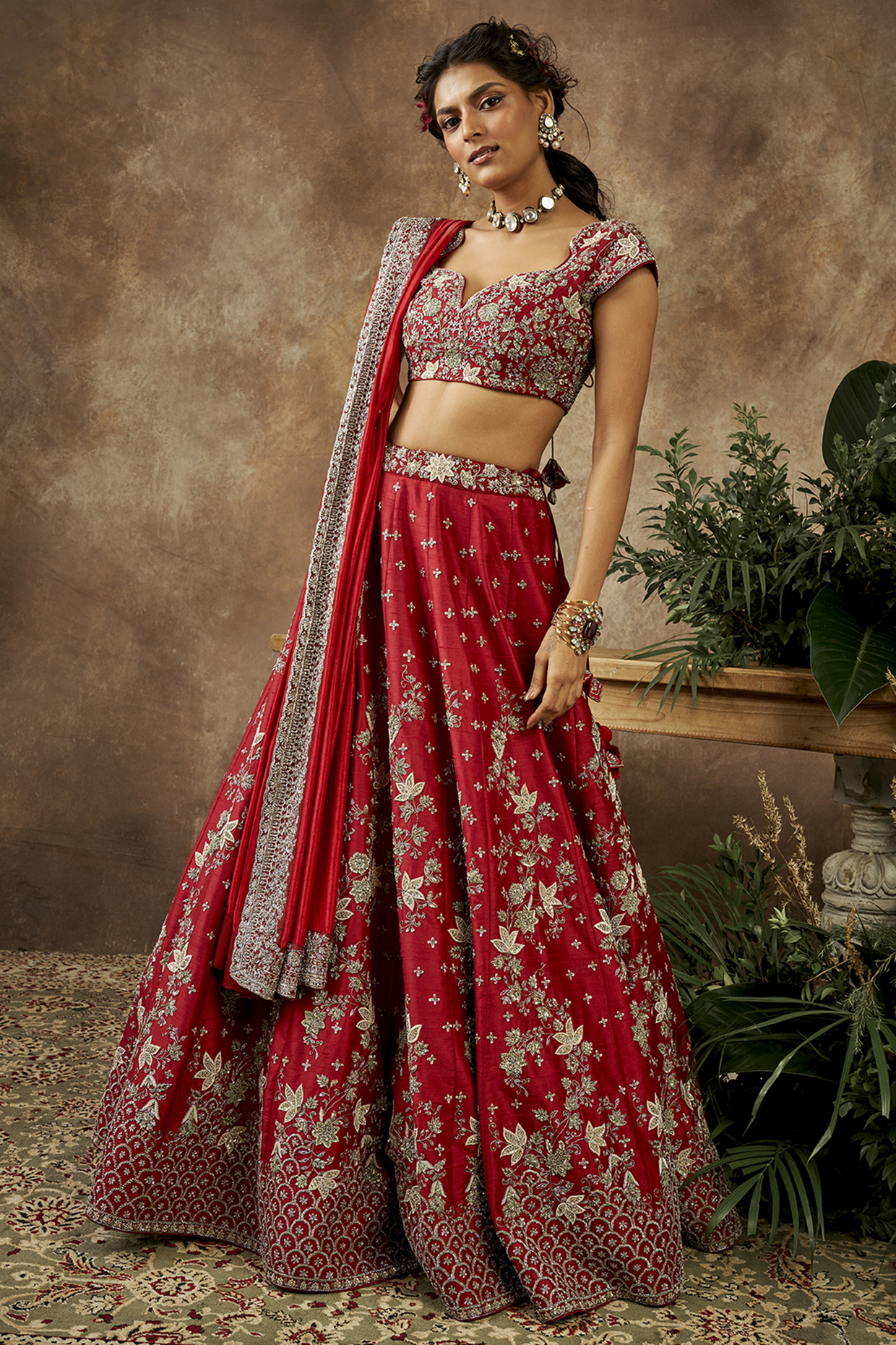 Cadmium Red Raw Silk Embroidered Bridal Lehenga Set by Jayanti Reddy at Pernia's Pop Up Shop