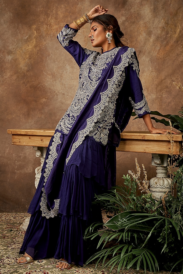 Dark Purple Silk Sharara Set by Jayanti Reddy