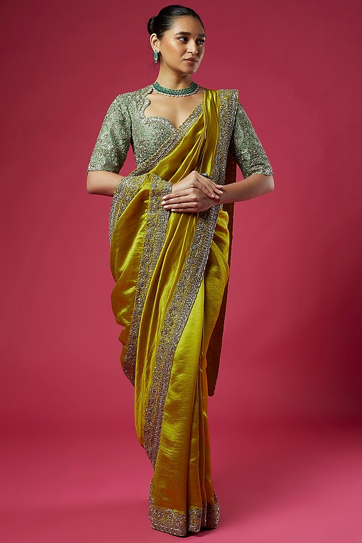 Mustard Silk Embroidered Saree Set by Jayanti Reddy