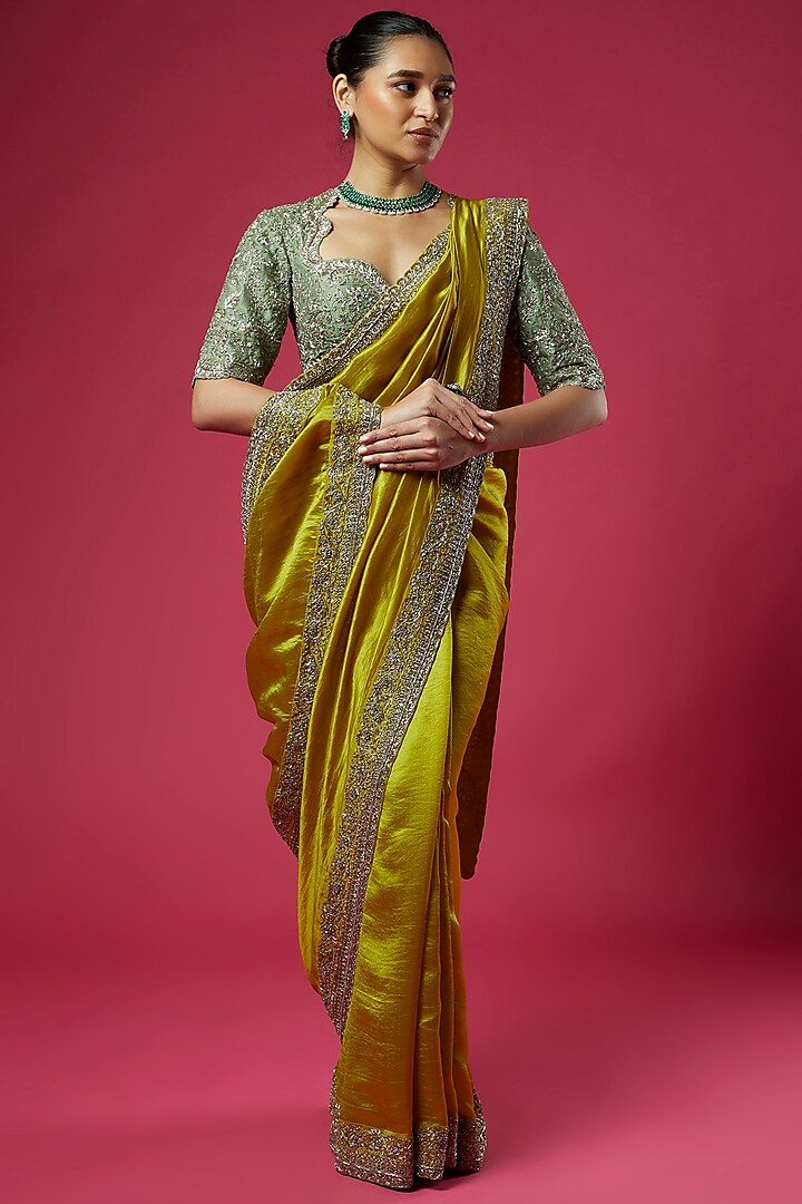 Mustard Silk Zardosi Embroidered Saree Set by Jayanti Reddy