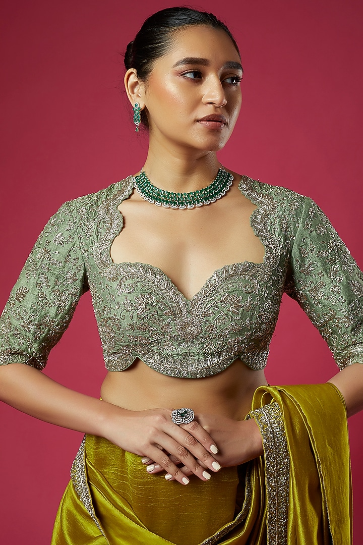 Mustard Silk Zardosi Embroidered Bridal Saree Set by Jayanti Reddy at Pernia's Pop Up Shop