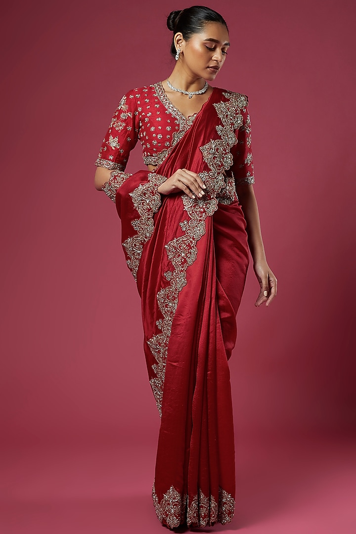 Red Silk Zardosi Embroidered Saree Set by Jayanti Reddy