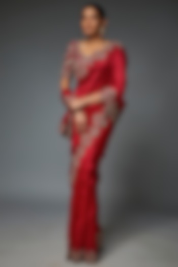 Red Silk & Raw Silk Zari Embroidered Saree Set by Jayanti Reddy