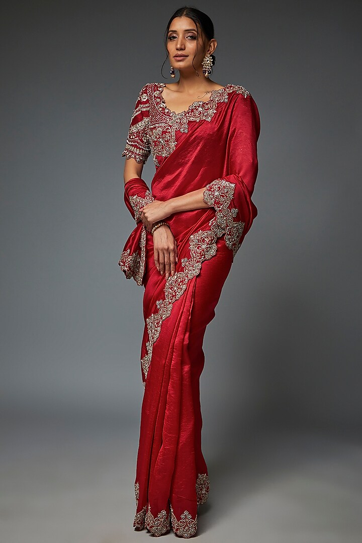 Red Silk & Raw Silk Zari Embroidered Saree Set by Jayanti Reddy