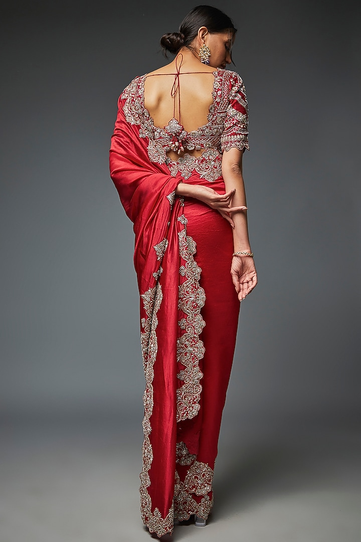 Red Silk & Raw Silk Zari Embroidered Bridal Saree Set by Jayanti Reddy at Pernia's Pop Up Shop