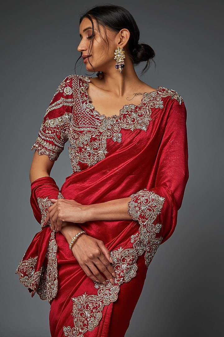 Red Silk & Raw Silk Zari Embroidered Bridal Saree Set by Jayanti Reddy at Pernia's Pop Up Shop