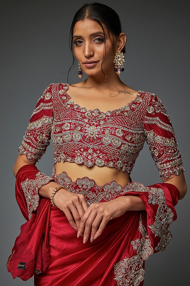 Red Silk & Raw Silk Zari Embroidered Bridal Saree Set by Jayanti Reddy at Pernia's Pop Up Shop
