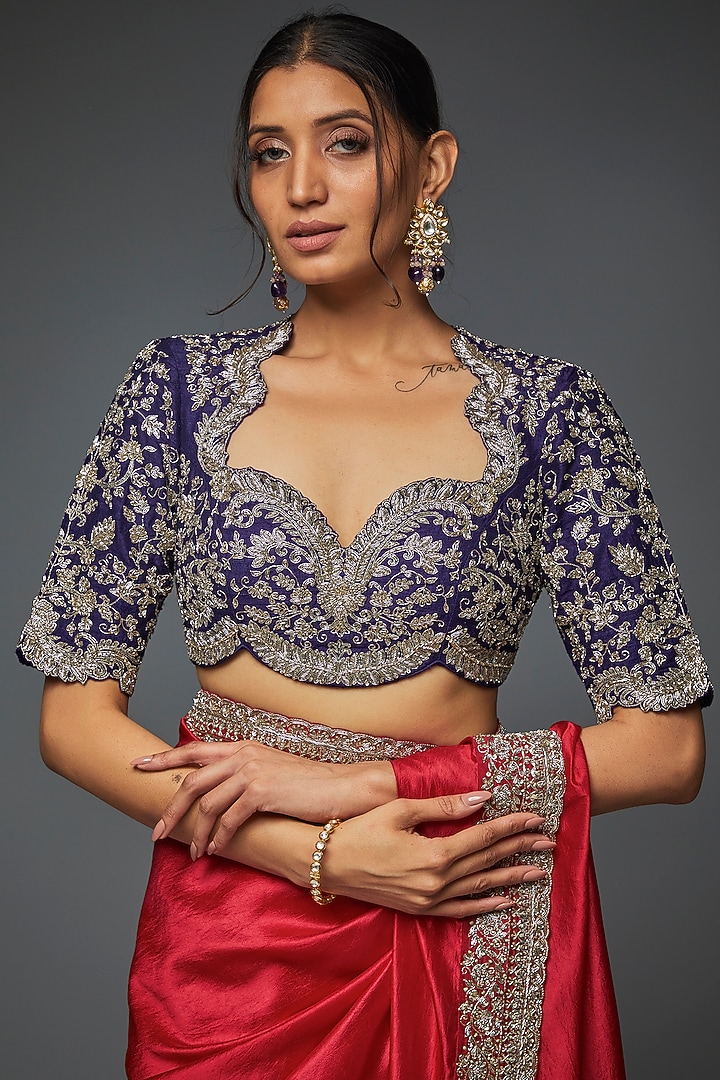 Red Silk Embroidered Bridal Saree Set by Jayanti Reddy at Pernia's Pop Up Shop