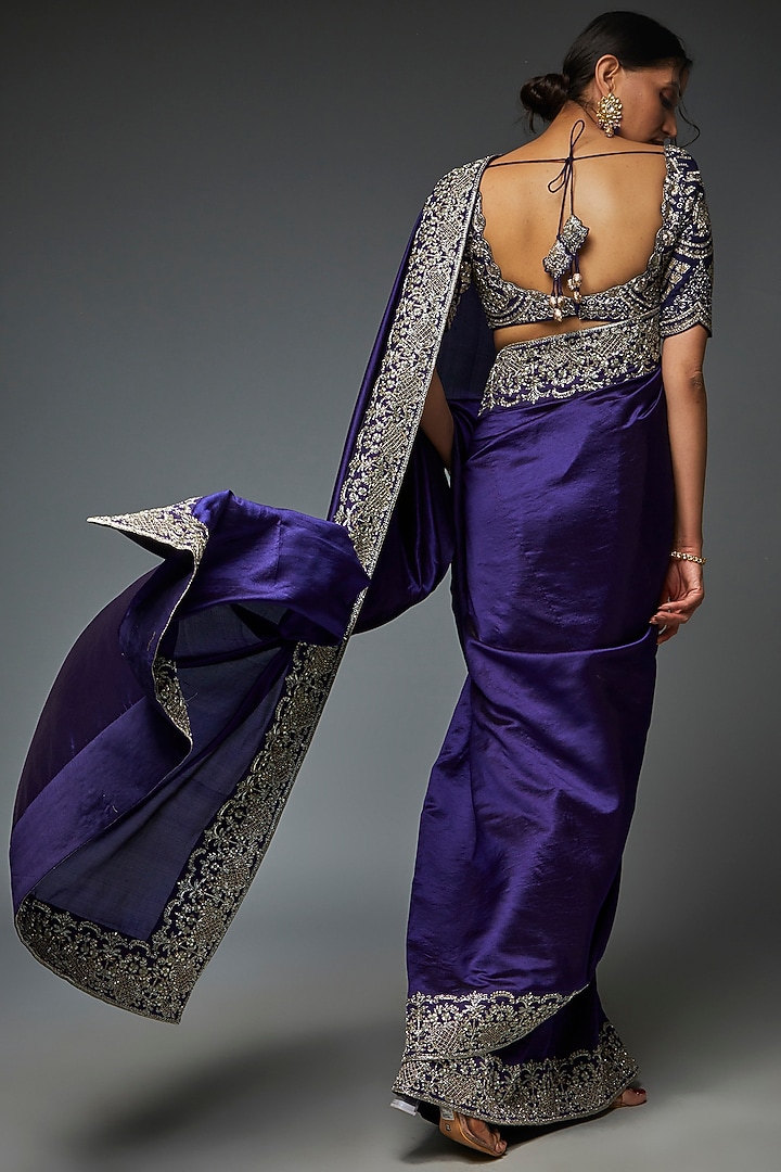 Purple Silk Embroidered Bridal Saree Set by Jayanti Reddy at Pernia's Pop Up Shop