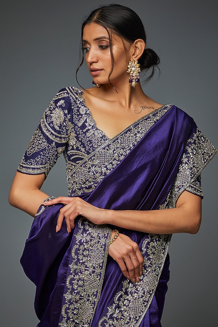 Purple Silk Embroidered Bridal Saree Set by Jayanti Reddy at Pernia's Pop Up Shop