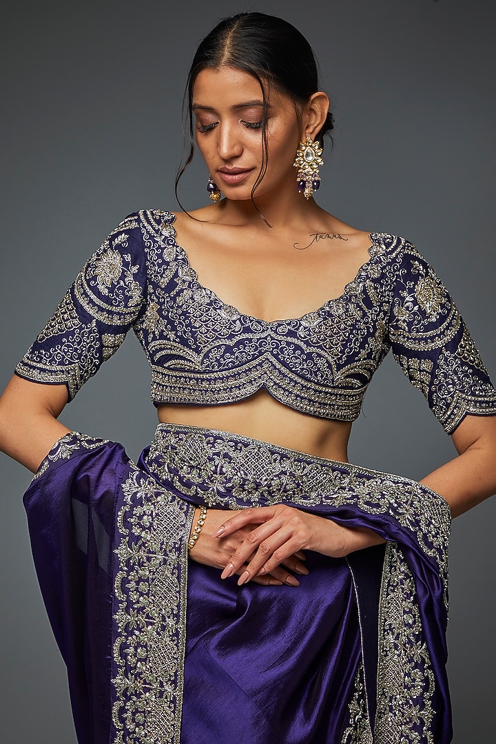 Purple Silk Embroidered Bridal Saree Set by Jayanti Reddy at Pernia's Pop Up Shop