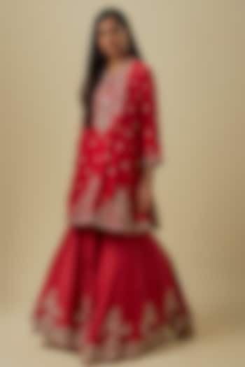Red Silk Zardosi Embroidered Bridal Sharara Set by Jayanti Reddy at Pernia's Pop Up Shop
