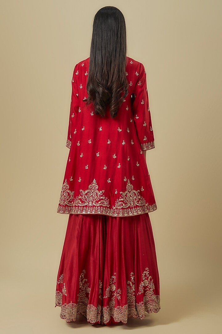 Red Silk Zardosi Embroidered Bridal Sharara Set by Jayanti Reddy at Pernia's Pop Up Shop