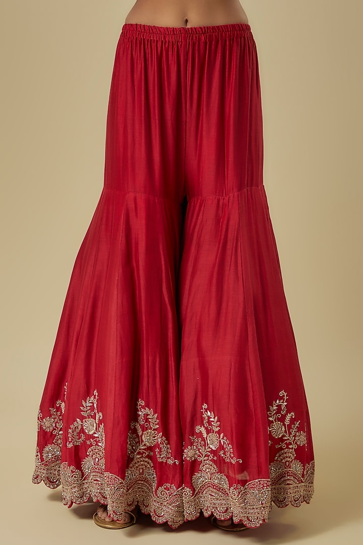 Red Silk Zardosi Embroidered Bridal Sharara Set by Jayanti Reddy at Pernia's Pop Up Shop
