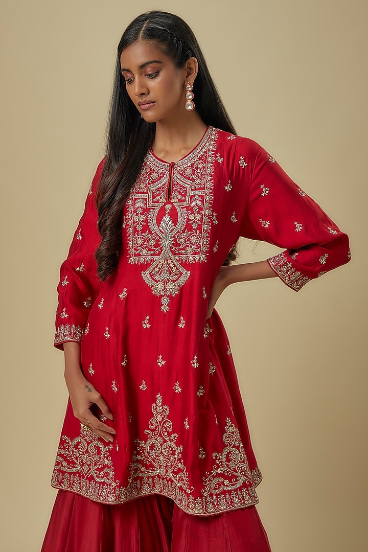Red Silk Zardosi Embroidered Bridal Sharara Set by Jayanti Reddy at Pernia's Pop Up Shop