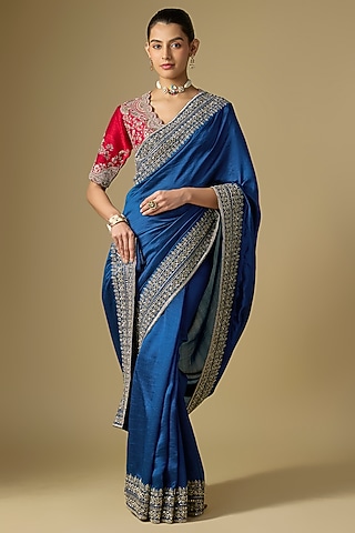Navy Blue Raw Silk Embroidered Saree Set by Jayanti Reddy