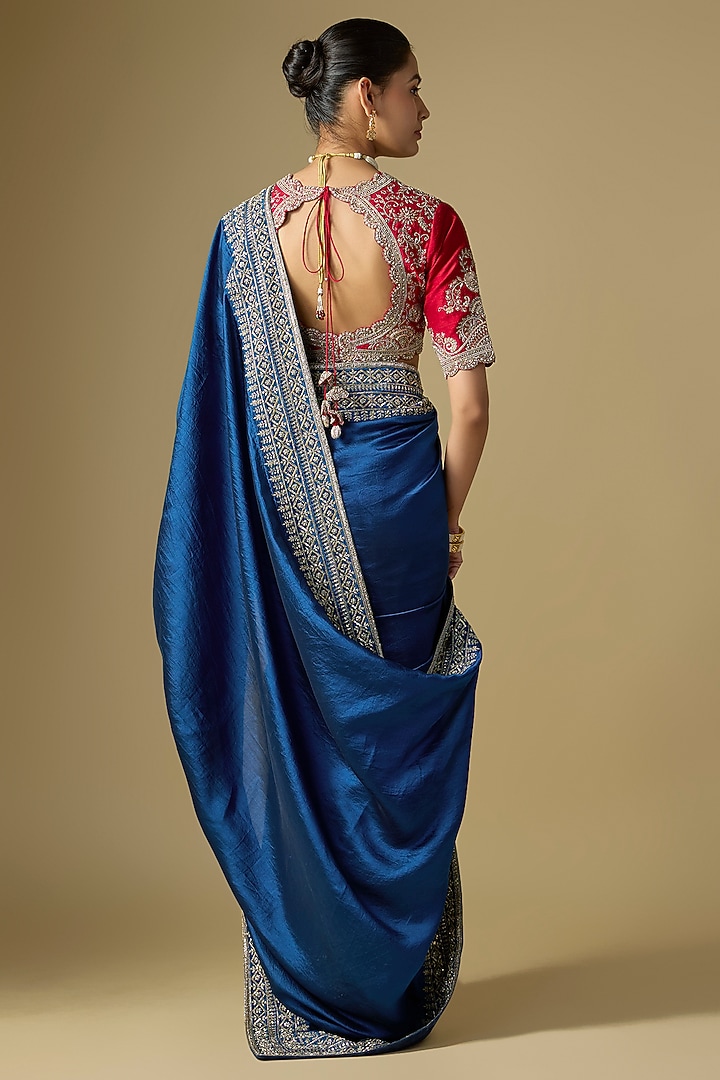 Navy Blue Raw Silk Embroidered Bridal Saree Set by Jayanti Reddy at Pernia's Pop Up Shop