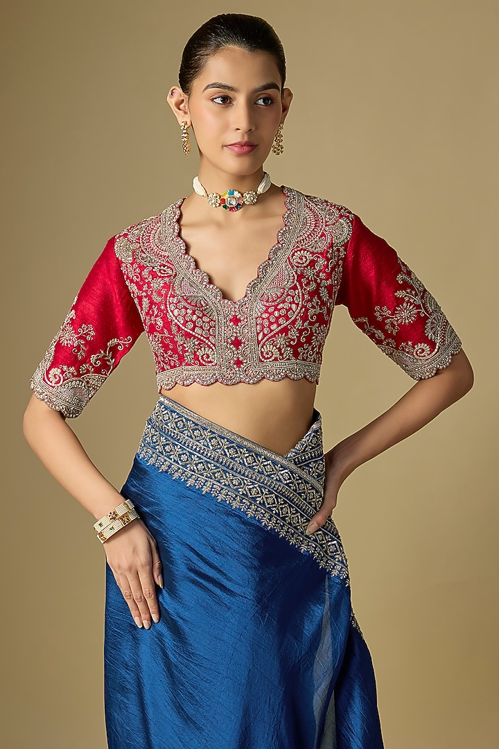 Navy Blue Raw Silk Embroidered Bridal Saree Set by Jayanti Reddy at Pernia's Pop Up Shop