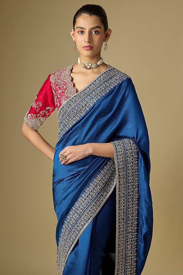 Navy Blue Raw Silk Embroidered Bridal Saree Set by Jayanti Reddy at Pernia's Pop Up Shop