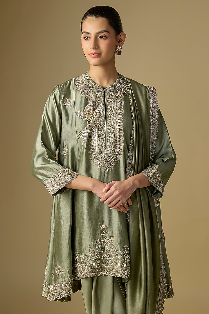 Mint Green Silk Embroidered Tunic Set by Jayanti Reddy at Pernia's Pop Up Shop
