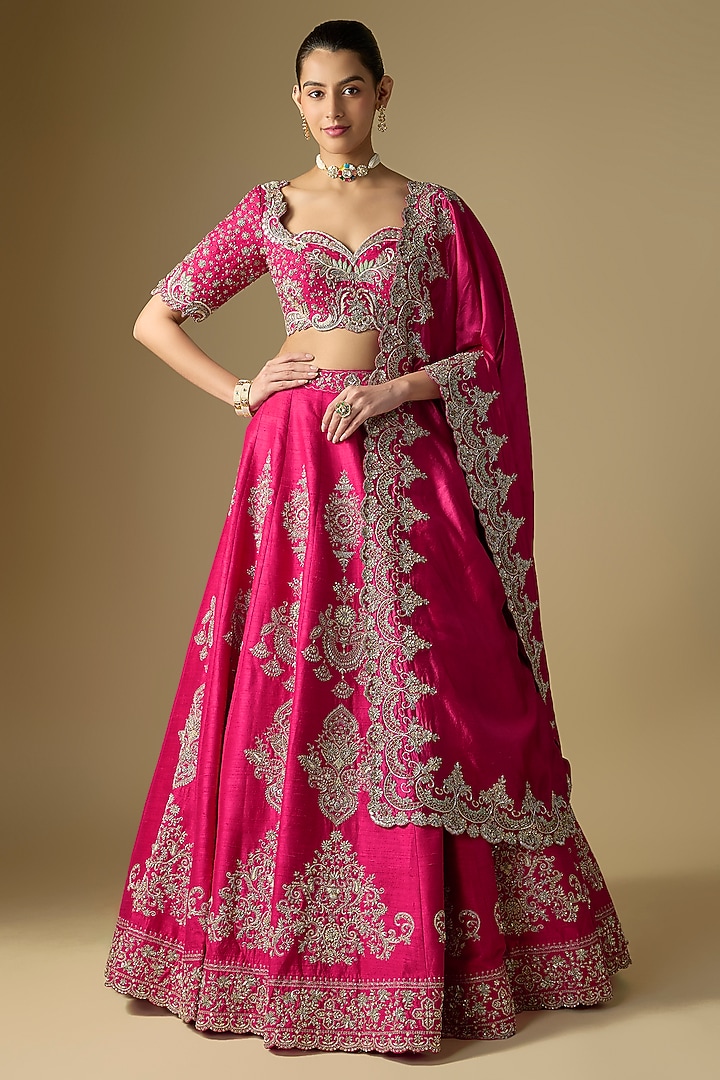Rani Pink Raw Silk Embroidered Bridal Lehenga Set by Jayanti Reddy at Pernia's Pop Up Shop