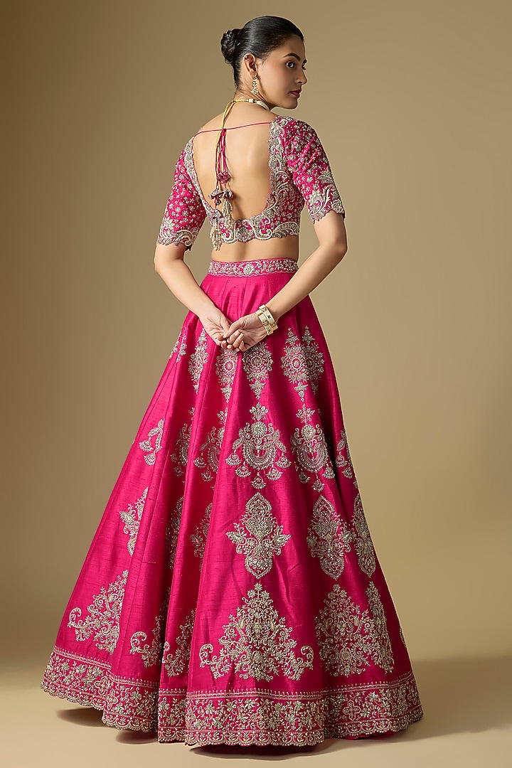 Rani Pink Raw Silk Embroidered Bridal Lehenga Set by Jayanti Reddy at Pernia's Pop Up Shop