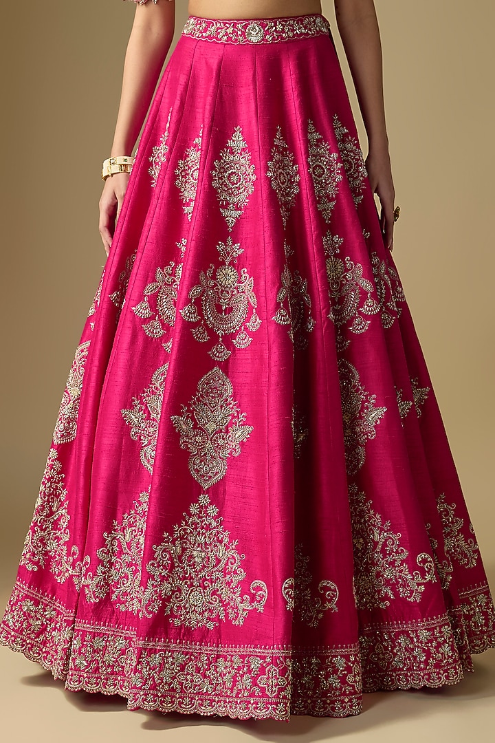 Rani Pink Raw Silk Embroidered Bridal Lehenga Set by Jayanti Reddy at Pernia's Pop Up Shop