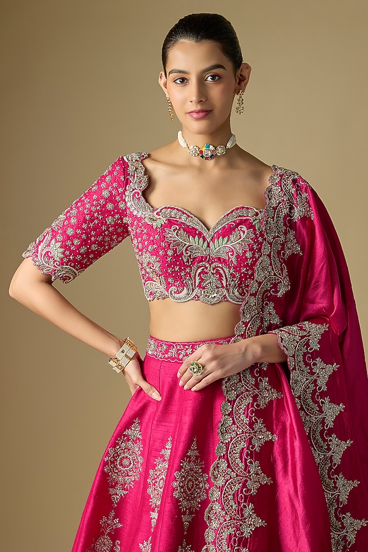 Rani Pink Raw Silk Embroidered Bridal Lehenga Set by Jayanti Reddy at Pernia's Pop Up Shop
