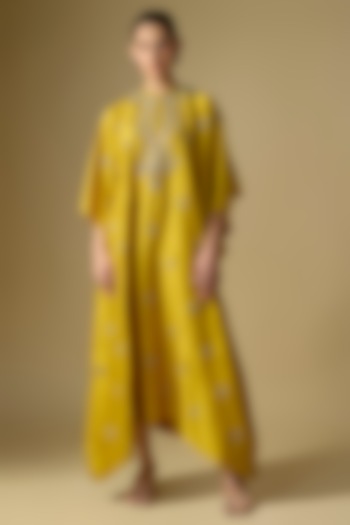 Mustard Silk Embroidered Kaftan by Jayanti Reddy at Pernia's Pop Up Shop